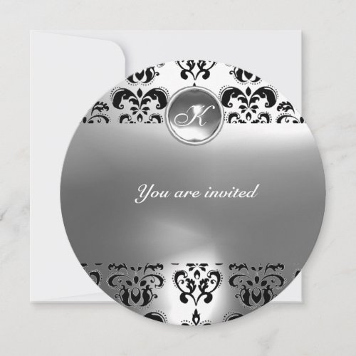 AGATE DAMASK GEM STONE MONOGRAM black white Invitation