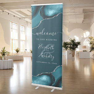Agate Dark Teal Blue Silver Script Wedding Welcome Retractable Banner