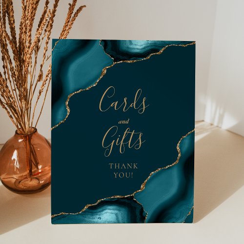 Agate Dark Teal Gold Wedding Cards and Gifts Pedestal Sign