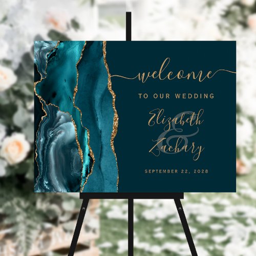 Agate Dark Teal Gold Wedding Welcome Foam Board