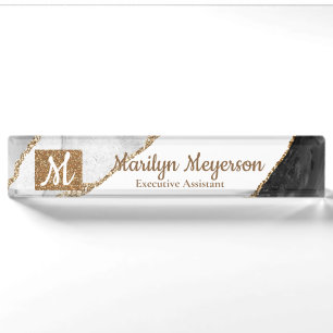 Agate Desk Name Plate Black and White Gold Glitter
