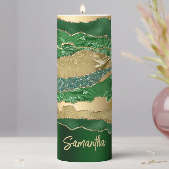 Agate emerald gold marble shimmer name elegant pillar candle (In Situ)