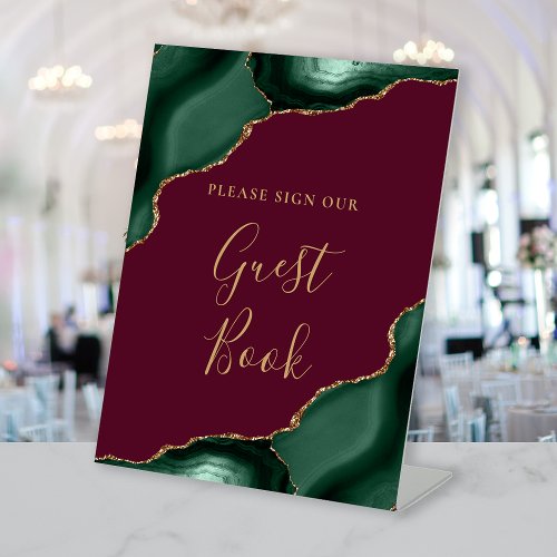 Agate Emerald Green Burgundy Wedding Guest Book Pedestal Sign