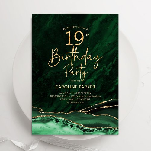 Agate Emerald Green Gold 19th Birthday Invitation