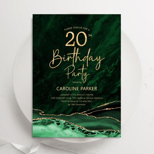 Agate Emerald Green Gold 20th Birthday Invitation