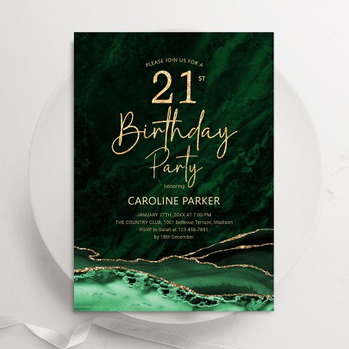 Agate Emerald Green Gold 21st Birthday Invitation
