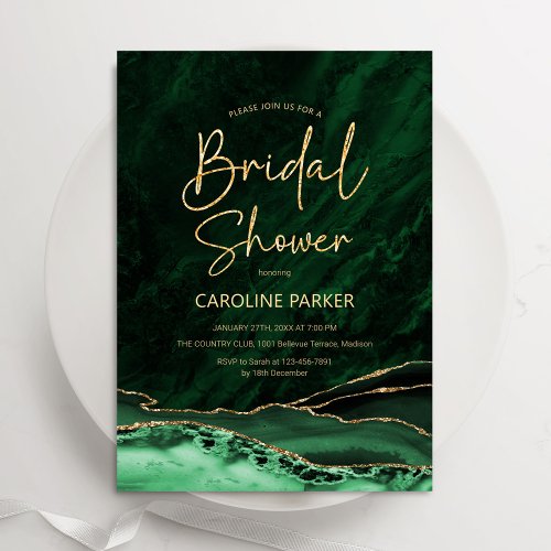 Agate Emerald Green Gold Bridal Shower Invitation