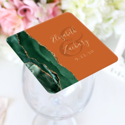 Agate Emerald Green Gold Burnt Orange Wedding Square Paper Coaster