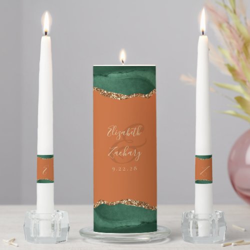 Agate Emerald Green Gold Burnt Orange Wedding Unity Candle Set