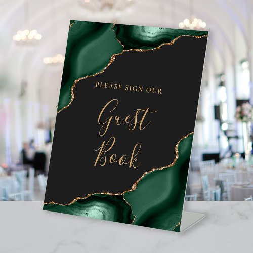 Agate Emerald Green Gold Dark Wedding Guest Book Pedestal Sign