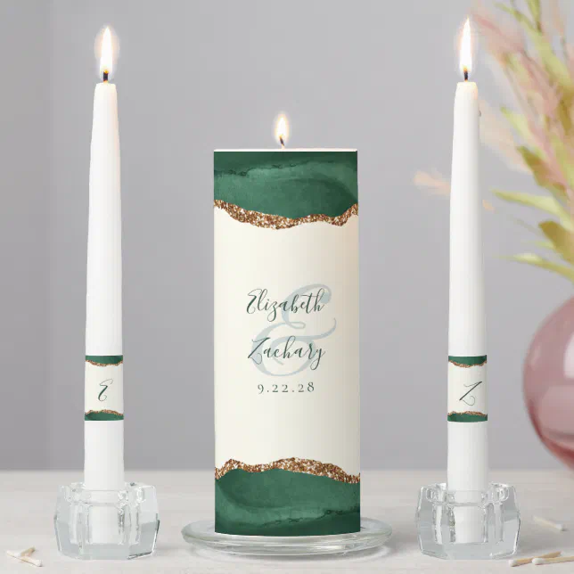 Agate Emerald Green Gold Ivory Wedding Unity Candle Set | Zazzle