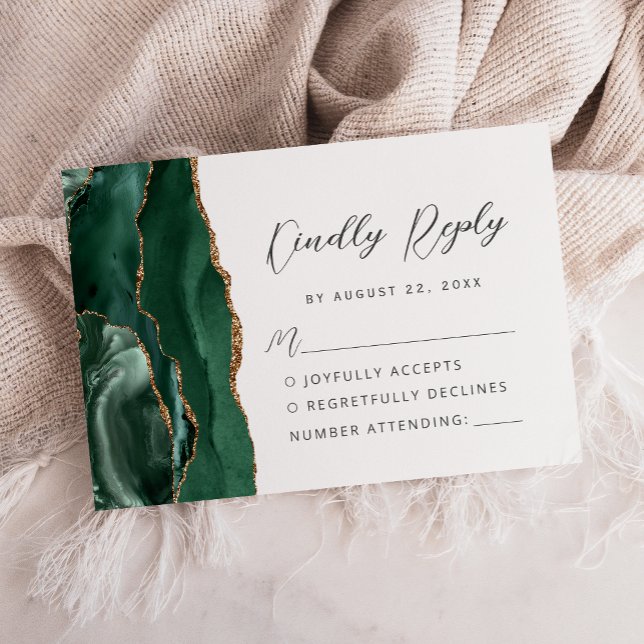 Agate Emerald Green Gold Modern Script Wedding RSVP Card (Creator Uploaded)