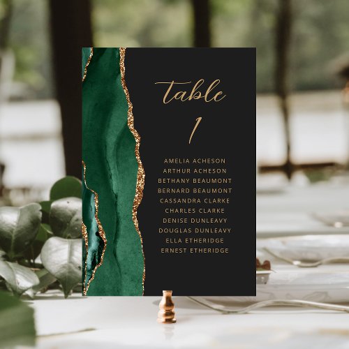 Agate Emerald Green Gold Modern Script Wedding Table Number