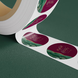 Agate Emerald Green Gold Script Burgundy Wedding Classic Round Sticker