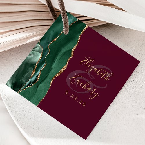 Agate Emerald Green Gold Script Burgundy Wedding Favor Tags