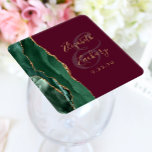 Agate Emerald Green Gold Script Burgundy Wedding Square Paper Coaster<br><div class="desc">This elegant modern wedding coaster features an emerald green watercolor agate geode design trimmed with faux gold glitter. Easily customize the gold-colored text on a burgundy red background,  with the names of the bride and groom in handwriting calligraphy over a large ampersand.</div>