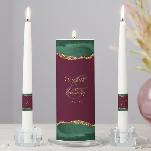 Agate Emerald Green Gold Script Burgundy Wedding Unity Candle Set
