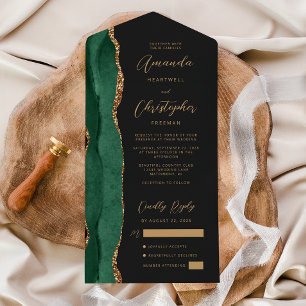 Agate Emerald Green Gold Script Dark Wedding All In One Invitation