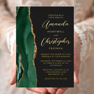 Agate Emerald Green Gold Script Dark Wedding Foil Invitation