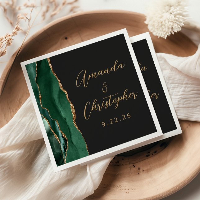 Agate Emerald Green Gold Script Dark Wedding Napkins (Creator Uploaded)