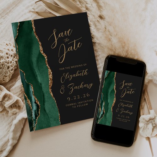 Agate Emerald Green Gold Script Dark Wedding Save Save The Date