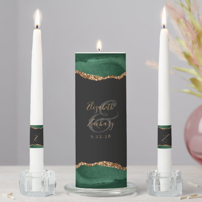 Agate Emerald Green Gold Script Dark Wedding Unity Candle Set (In Situ)