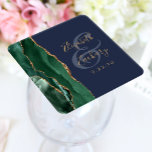 Agate Emerald Green Gold Script Navy Blue Wedding Square Paper Coaster<br><div class="desc">This elegant modern wedding coaster features an emerald green watercolor agate geode design trimmed with faux gold glitter. Easily customize the gold-colored text on a navy blue background,  with the names of the bride and groom in handwriting calligraphy over a large ampersand.</div>