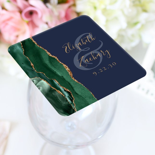 Agate Emerald Green Gold Script Navy Blue Wedding Square Paper Coaster (Creator Uploaded)