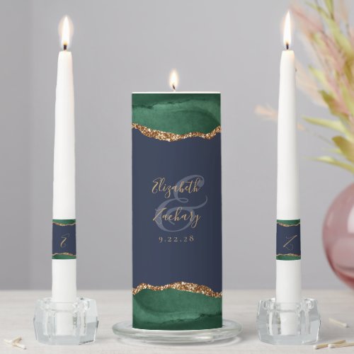 Agate Emerald Green Gold Script Navy Blue Wedding Unity Candle Set