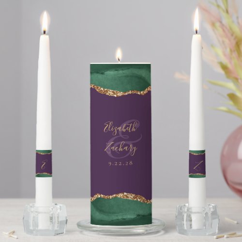 Agate Emerald Green Gold Script Purple Wedding Unity Candle Set