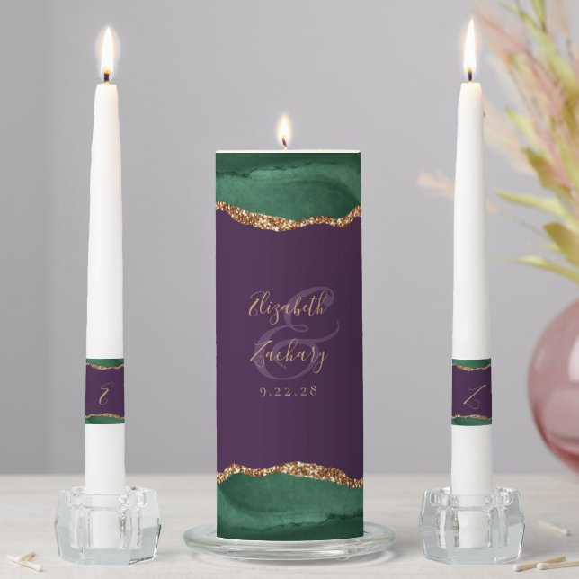 Agate Emerald Green Gold Script Purple Wedding Unity Candle Set (In Situ)
