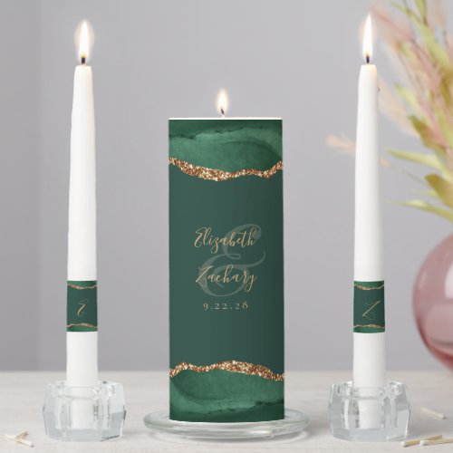 Agate Emerald Green Gold Script Wedding Unity Candle Set