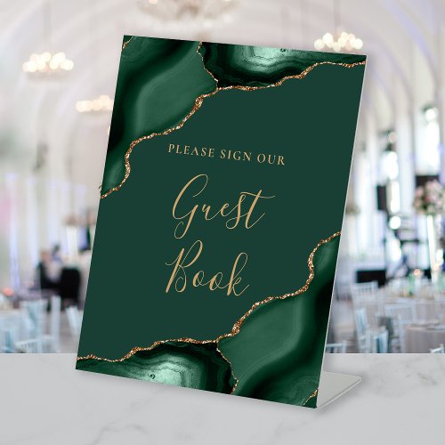 Agate Emerald Green Gold Wedding Guest Book Pedestal Sign
