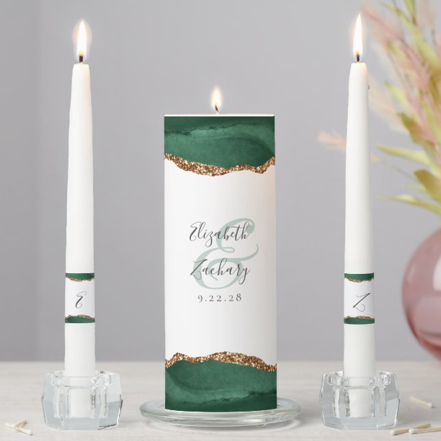Agate Emerald Green Gold White Wedding Unity Candle Set (In Situ)