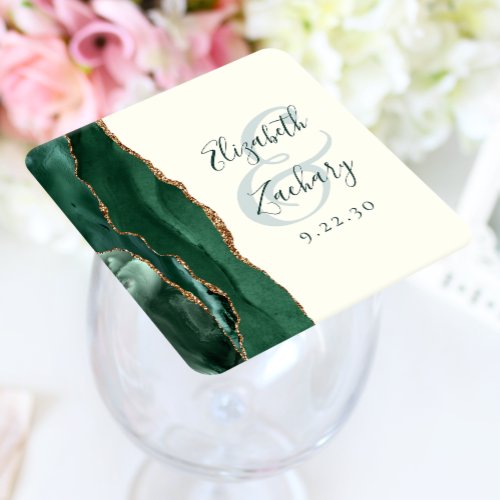 Agate Emerald Green Ivory Gold Script Wedding Square Paper Coaster