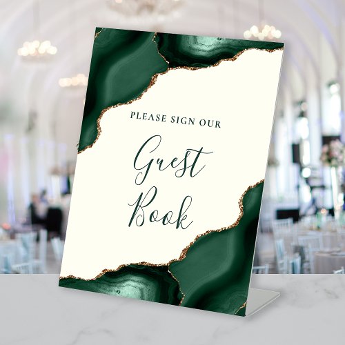 Agate Emerald Green Ivory Wedding Guest Book Pedestal Sign