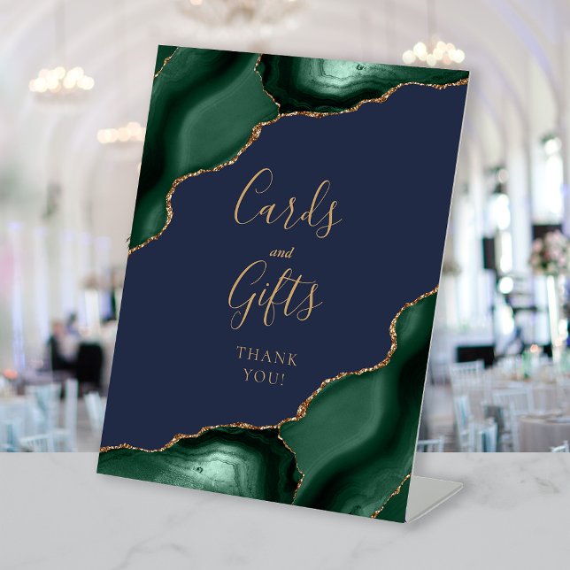Agate Emerald Green Navy Blue Wedding Cards Gifts Pedestal Sign (Creator Uploaded)