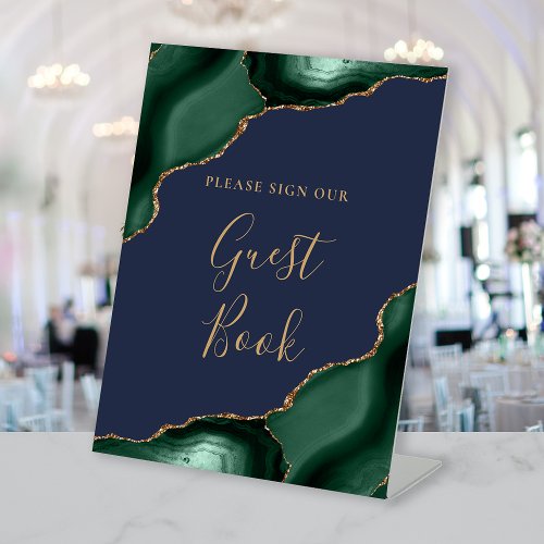 Agate Emerald Green Navy Blue Wedding Guest Book Pedestal Sign