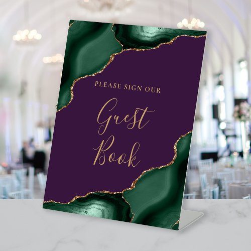 Agate Emerald Green Purple Wedding Guest Book Pedestal Sign