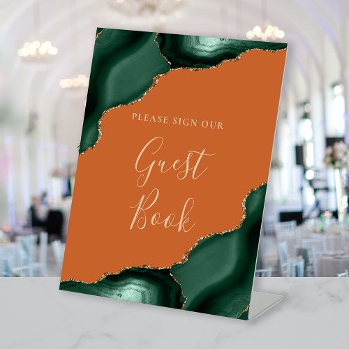 Agate Emerald Green Rust Wedding Guest Book Pedestal Sign