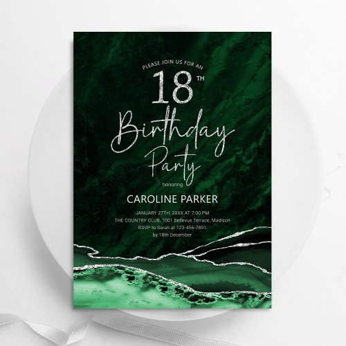Agate Emerald Green Silver 18th Birthday Invitation