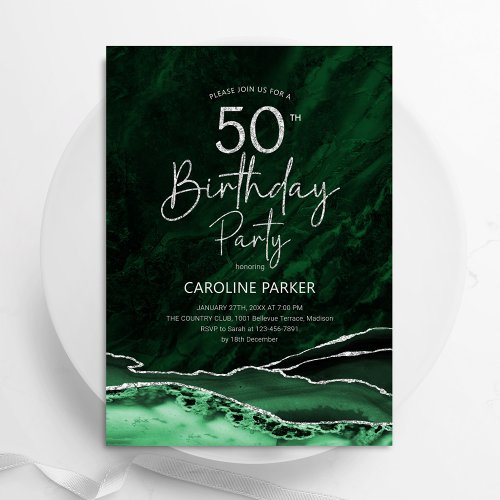 Agate Emerald Green Silver 50th Birthday Invitation