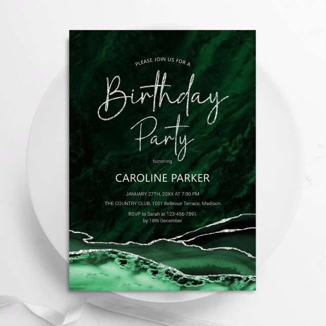 Agate Emerald Green Silver Birthday Any Age Invitation (Creator Uploaded)