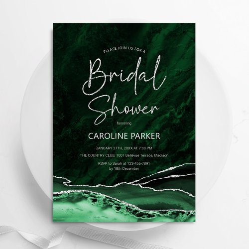 Agate Emerald Green Silver Bridal Shower Invitation