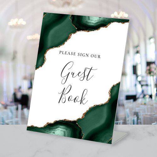 Agate Emerald Green White Wedding Guest Book Pedestal Sign