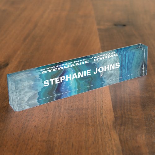 Agate Gemstone Geode Blue Turquoise White Patterns Desk Name Plate