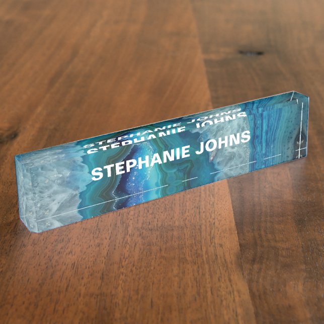 Agate Gemstone Geode Blue Turquoise White Patterns Desk Name Plate (Side)