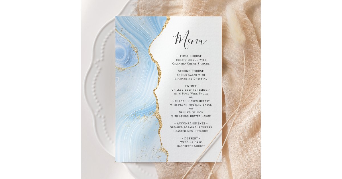 Agate Geode Baby Blue Gold Glitter Wedding Menu | Zazzle