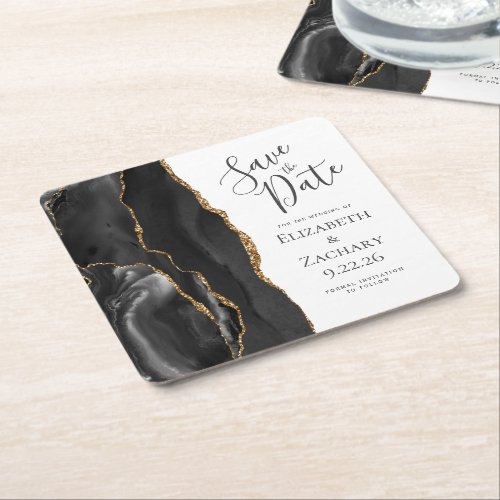 Agate Geode Black Gold Save the Date Square Paper Coaster