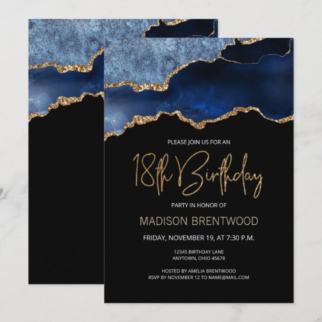 Agate Geode Blue Gold 18th Birthday Party Invitation (Front/Back)